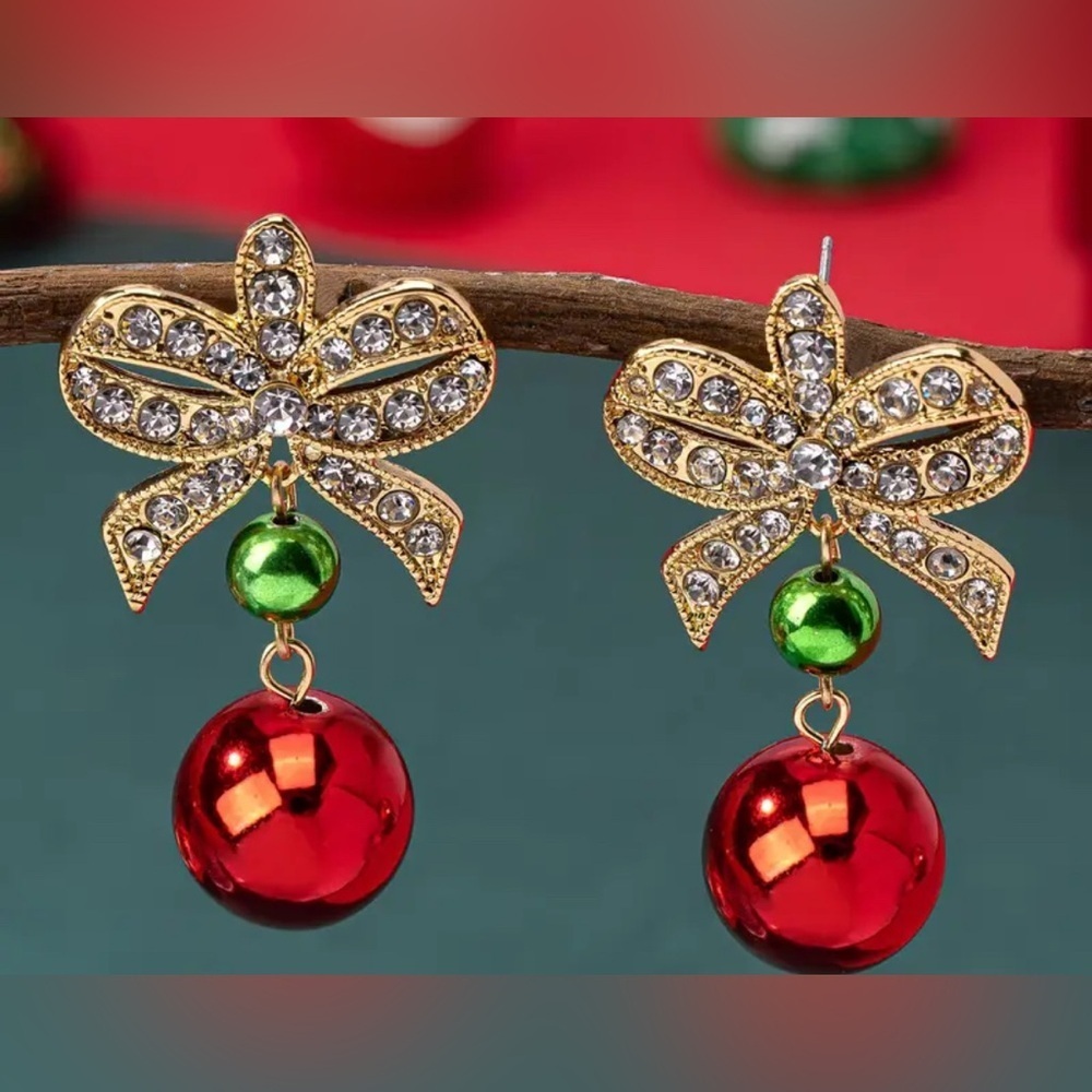 Elegant Gold Bow Earrings with Red and Green Accents